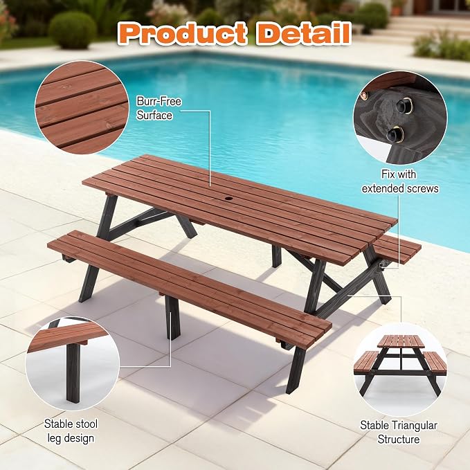 Hohuqeri Picnic Table Bench Set for 8 Persons, 6FT Large Camping Table, Wood Outdoor Dining Beer Table Set with 2” Umbrella Hole, for Patio Lawn Garden (Brown & Black)