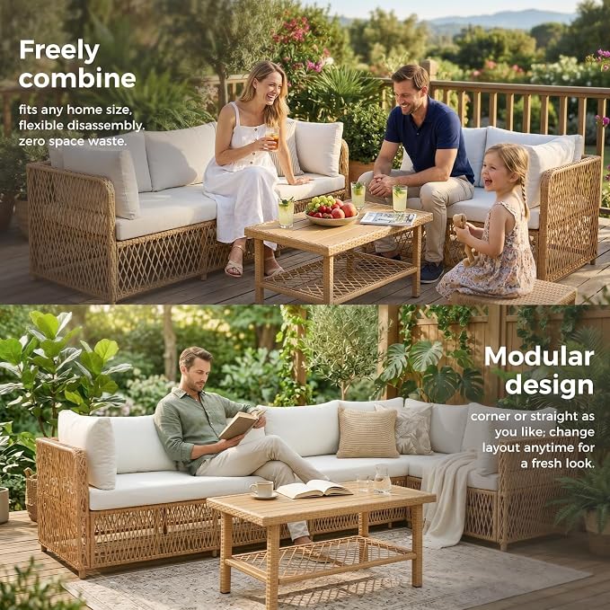 ABCASA Patio Sectional Furniture Set with Waterproof Cover, Oversized Wicker Outdoor Furniture Set w/Water-Resistant Fabric & Thick Cushions, L Shaped Patio Conversation Set for Poolside Yard,Beige