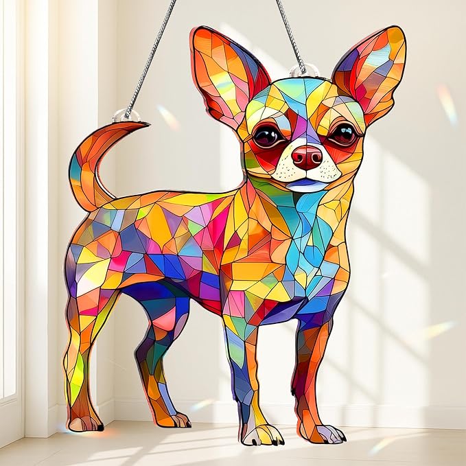 Chihuahua Gifts for Women, Colorful Chihuahua Ornament for Window Hanging | 5"x5.9" Acrylic Suncatcher Ornament Faux Stained Glass, Dog Lovers Gifts for Women, Dogs Christmas Ornaments for Tree Hanging