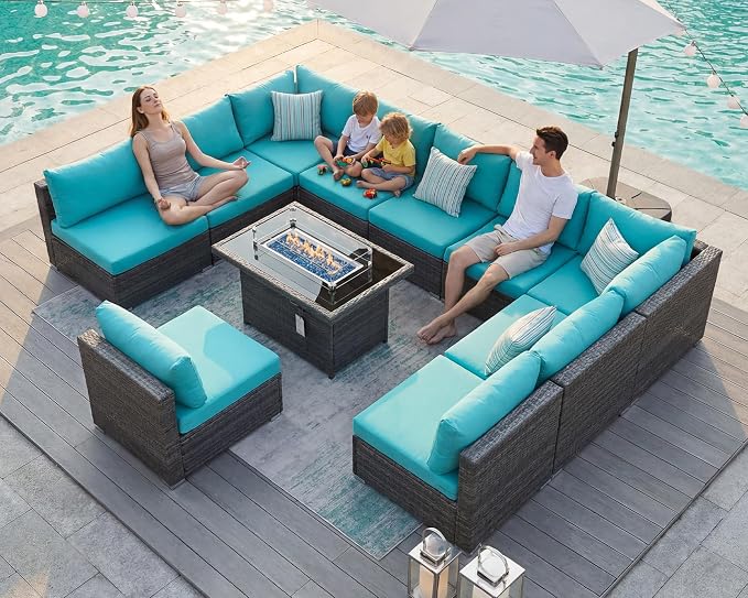 BULEXYARD 11 Piece High Back Patio Furniture Set with Fire Pit Table, Large Comfy Deep Wide Seat Outdoor Sectional Sofa, All-Weather Wicker Modular Conversation Couch 10-Seats for Outside, Grey & Teal