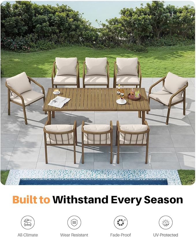 Outdoor Dining Table for 8, Never-Rust Aluminum Patio Dining Table, 82"×35" Large Rectangle Patio Table with Umbrella Hole, Outdoor Table with Wood-Like Texture for Commercial, Backyard, Teak