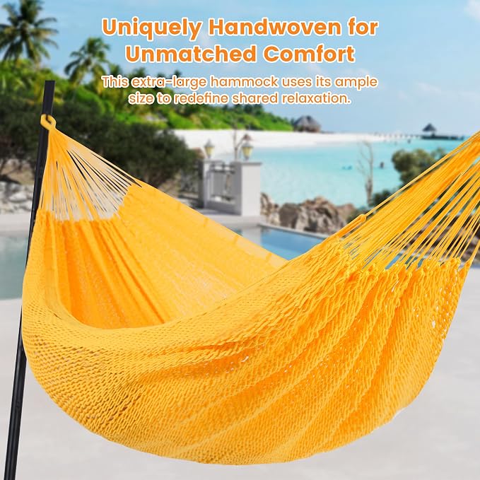 Lazy Daze Hammocks Handwoven XL Mayan Hammock, 10.5 FT Soft Rope Double Hammocks, Portable Outdoor Hammock with Carry Bag, 2 Straps & Carabiners for Patio Outside, 550 lbs Weight Capacity, Yellow
