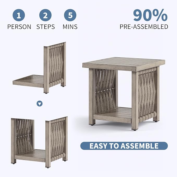 Outdoor Patio Square Side Table, 2-Tier Patio Side Table with Rope Weave, Aluminum Frame Weather Resistant, Patio End Table Furniture Set for Garden Porch Yard Deck, Gray Oak