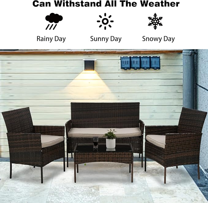 PayLessHere 4 Pieces Patio Furniture Set Rattan Outside Furniture Wicker Sofa Garden Conversation Sets with Soft Cushion and Glass Table for Yard Pool or Backyard,Brown