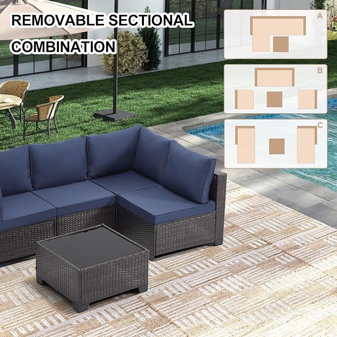 CANMOV 5 Pieces Patio Furniture Sets, All Weather Outdoor Patio Conversation Set, Wicker Rattan Sectional Sofa Couch Glass Coffee Table and Washable Cushions for Backyard Garden, Porch, Navy Blue