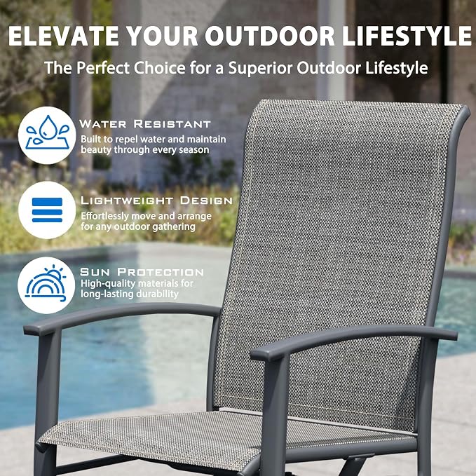 9-Piece Outdoor Dining Set for 8 – 60" Black Round Patio Table with Umbrella Hole & 8 Grey Outdoor Dining Chairs with Armrests, Large Poolside Furniture