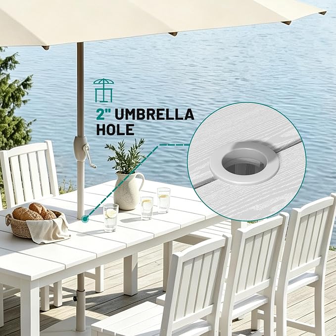 PLUUV 7-Piece Outdoor Dining Set – HDPE Patio Furniture with Umbrella Hole Table, Aluminum Legs, and 6 Armless Chairs, Weatherproof & Easy-Clean for Backyard, Garden, White