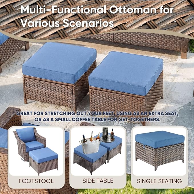 Outdoor Patio Furniture Set-Rattan Wicker Coversation Set with High Back Couch Swivel Glider Chair with Ottomans Outdoor Furniture for Porch Garden Backyard Poolside-Brown/Blue