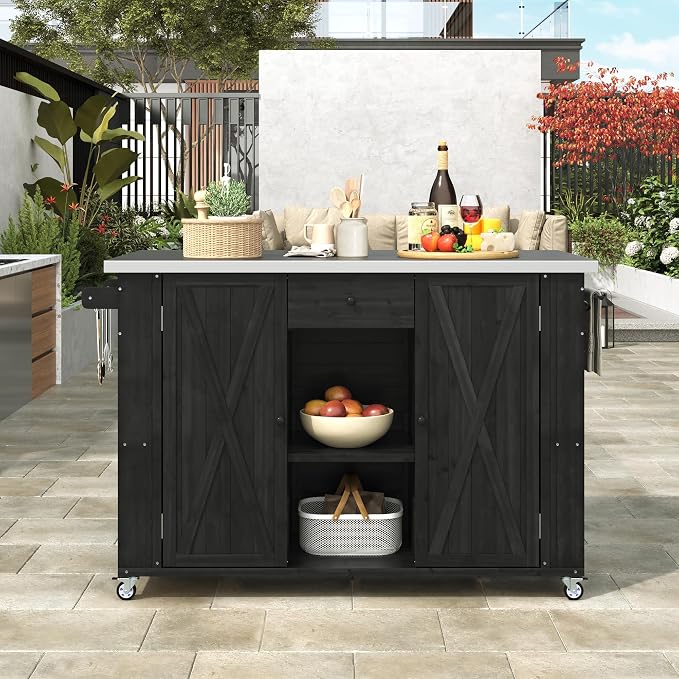 Outdoor Kitchen Island Fir Wood Kitchen Island with Stainless Steel Top,Ample Storage Space, Towel and Spice Racks and a Bottle Opener for Outdoor (Black@53)