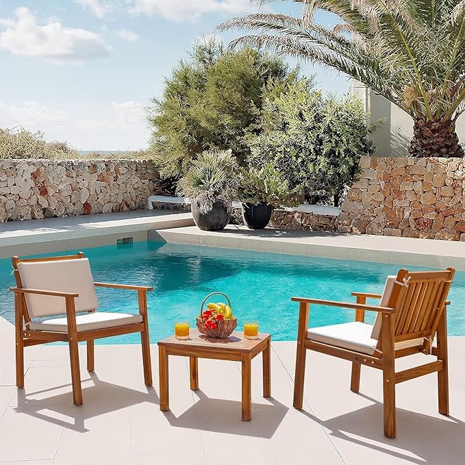 Devoko Patio Set 3 Piece Acacia Wood Outdoor Furniture Conversation Seat with Table & Cushions Porch Chairs for Balcony, Deck, Backyard, Beige