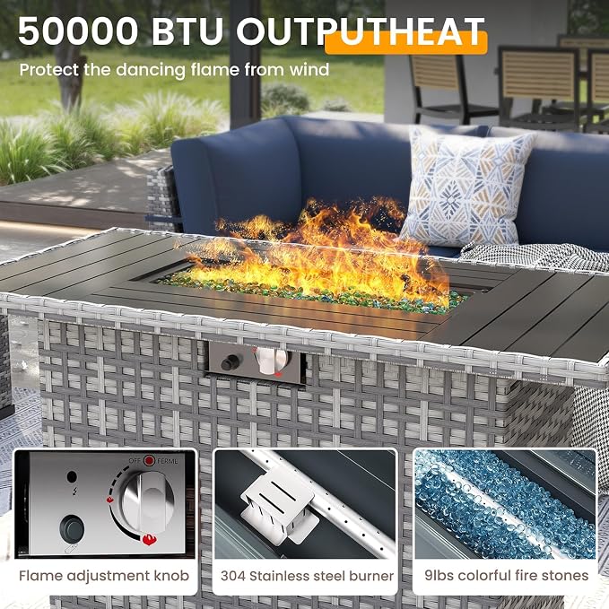 UDPATIO Patio Furniture Set with Fire Pit Table, 8 Pcs Outdoor Sectional Sofa, PE Wicker Patio Conversation Set for Garden, Backyard (Beige Cushions with Grey Rattan)