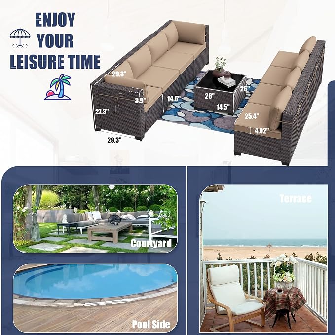 Kurapika 9 Pieces Patio Furniture Set, Rattan Wicker Outdoor Conversation Sets w/4 Inch Cushion and Glass Coffee Table(Sand)