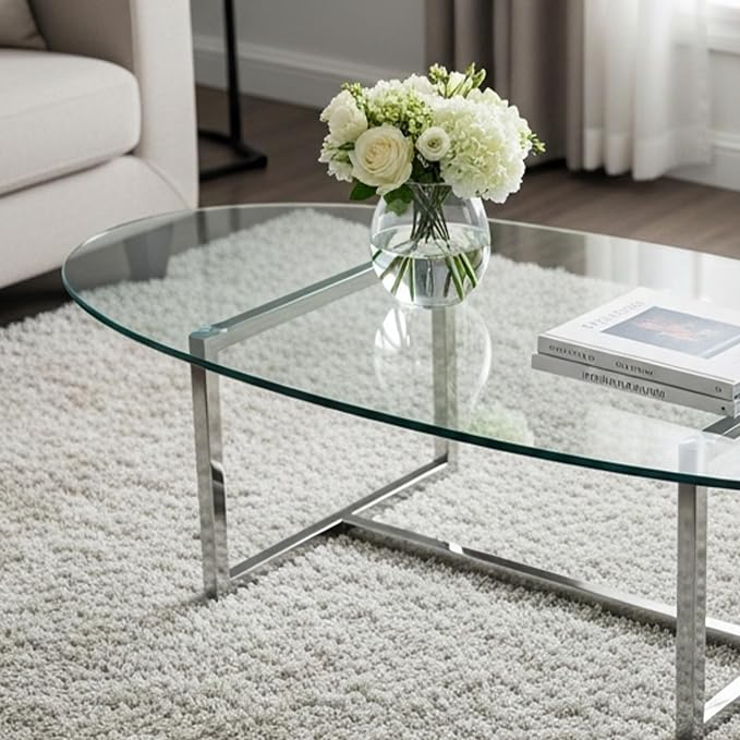 24x48 inch Oval 1/4" Thick Pencil Polished Edge Glass Table Top with 6 Bumpers - Tempered, Scratch Resistant & Safety Replacement Glass Designed for Dining, Coffee, Patio & End Tables