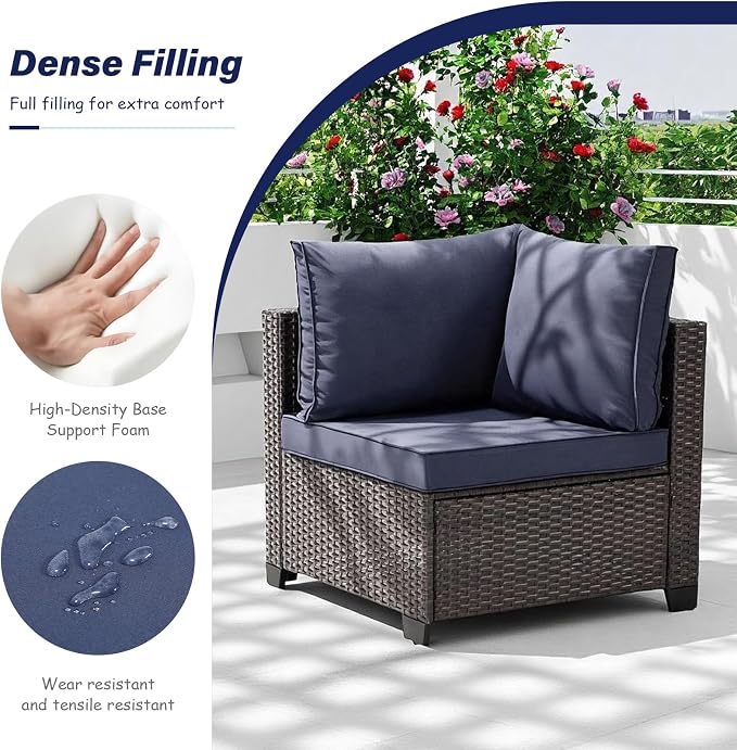 7 Pieces Outdoor Patio Furniture Set, Brown PE Rattan Weaving Sofa with Navy Blue Cushions and Steel Frame, Coffe Table Included, Outdoor Conversation Set