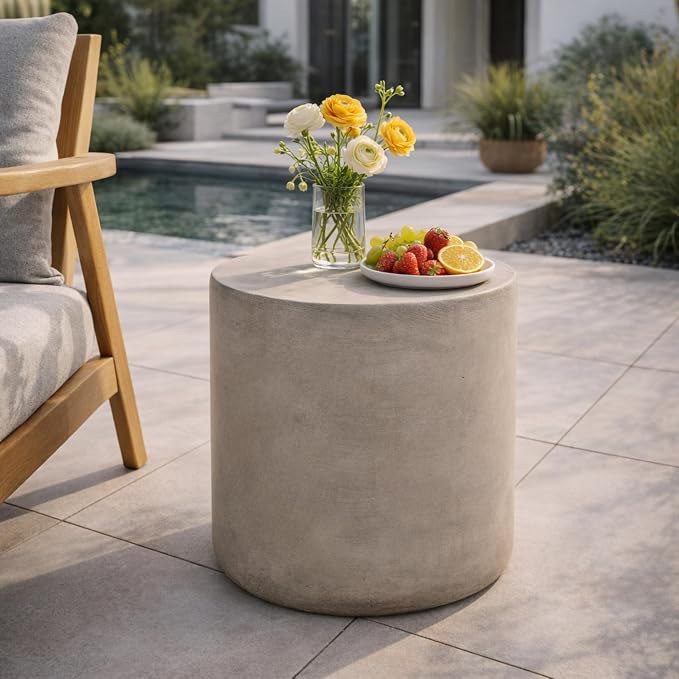 Outdoor Side Table Round Concrete End Table Faux Stone Side Tables Travertine Small Coffee Tables for Patio Outdoor, Garden Stool for Porch Backyard, Weather Resistant, MgO, Cylindrical