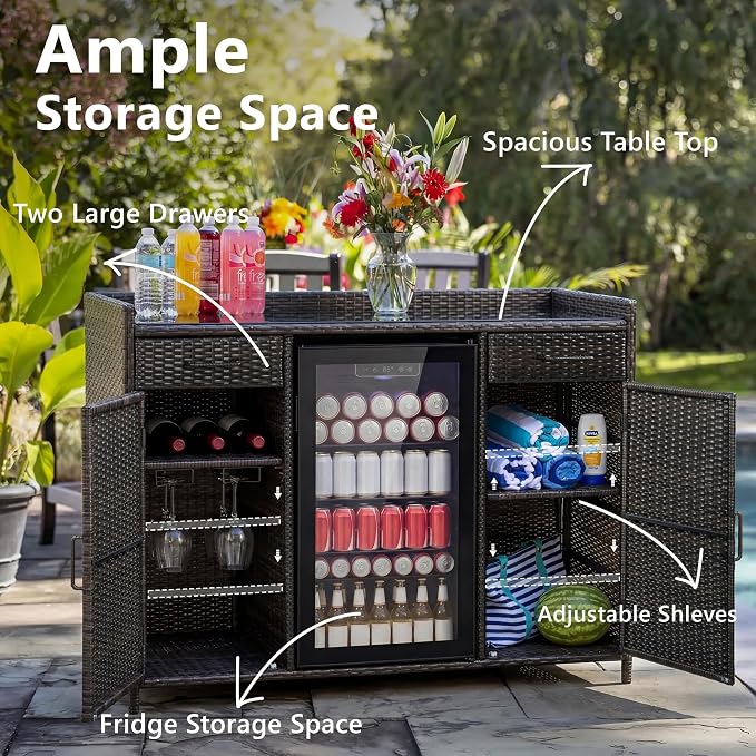 RUNNA 53.5" W Outdoor Wicker Storage Cabinet with Fridge Space,Weatherproof Outdoor Mini Fridge Bar Cabinet with Adjustable Shelves & Drawers for Pool Towel Storage,Garden,Kitchen (Black+Brown#64)
