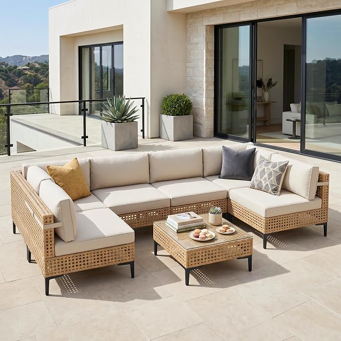 Restland 7 Piece Patio Furniture Wicker Modular Design Outdoor Sectional with Thick Cushion Large Patio Set Modern Boho Outdoor Conversation Set for Backyard, Porch