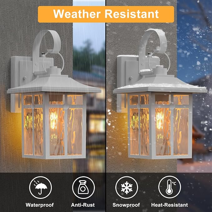 Dusk to Dawn Outdoor Wall Lights, Aluminum, White, 2 Pack | Ripple Glass, Modern Porch Lights, Exterior Sconce, For Entryway, Garage, Patio