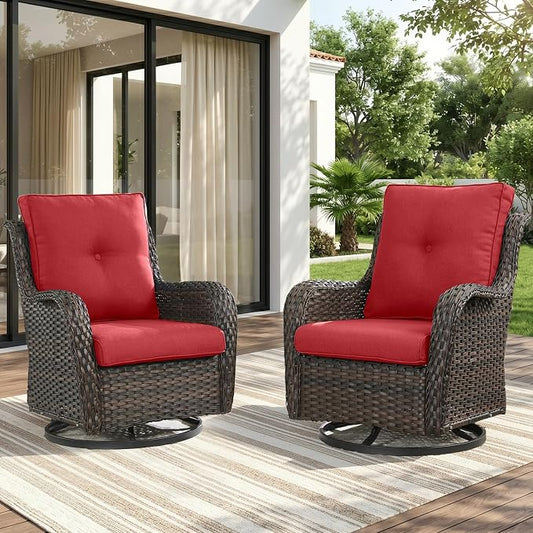 Rilyson Wicker Rocking Chair Swivel Chairs - 2 Piece Rocker Patio Chairs Set Rattan Rocking Chair for Outdoor Porch Deck Garden Backyard (Brown/Red)