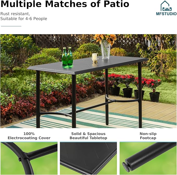 MFSTUDIO 36.2” Patio Counter Height Bar Table, with Rectangular Heavy Duty Metal Table Top for 4, All Weather Resistant Outdoor Table, Black