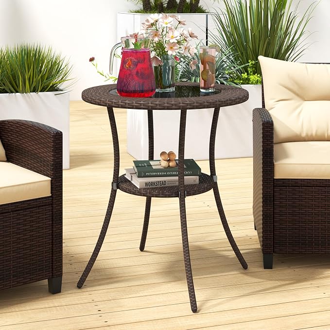 25.5" Round Patio Bistro Table w/Storage Shelf, PE Wicker Coffee Table w/Tempered Glass Top and Metal Legs, Outdoor Side Table for Garden, Balcony, Porch, Backyard