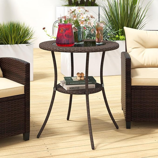 25.5" Round Patio Bistro Table w/Storage Shelf, PE Wicker Coffee Table w/Tempered Glass Top and Metal Legs, Outdoor Side Table for Garden, Balcony, Porch, Backyard