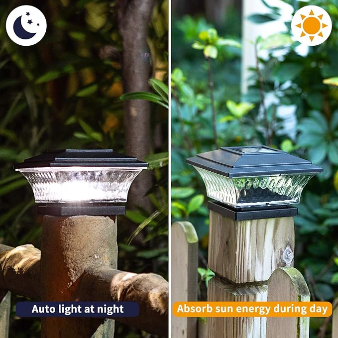 HUYIENO Solar Cap Lights Outdoor LED Lighting Deck Fence Two Light Modes Warm White/Bright White Suitable for 4x4 Wooden Posts Black 6PK