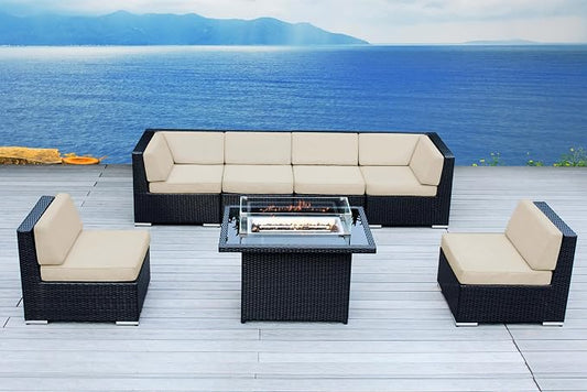 7 Piece Outdoor Patio Furniture Black Wicker Conversation Set with Fully Assembled Sectional and 42-inch Propane Gas Fire Table