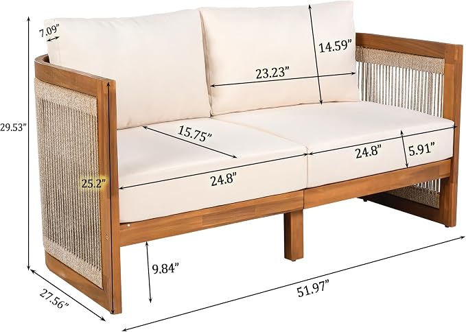 JIVOIT Acacia Wood Outdoor Furniture Set, 4-Piece Patio Seating Group with 2 Chairs, Loveseat & Coffee Table, Curved Tub Design with Woven Rope Accents, Water-Resistant Cushions (Beige,Teak//51)