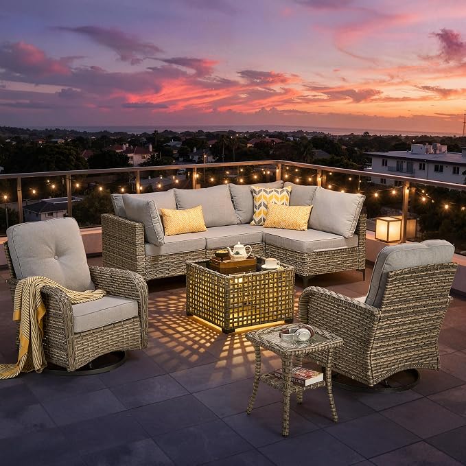 8 Pieces Patio Furniture Set, Outdoor Conversation Set with 360° Swivel Rocker Chairs, Wicker Sectional Sofa & Solar Powered Lighted Table, High Back Outdoor Furniture for Backyard Porch, Light Gray