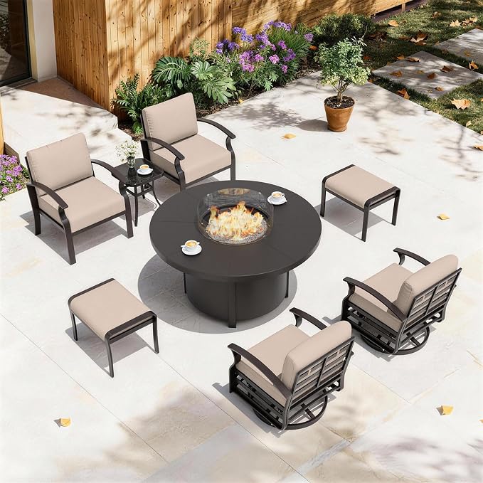 ALAULM Aluminum Patio Furniture Set with Coffee Table Rectangular, 5-seat Outdoor Sectional Furniture w/2 Swivel Chairs, Patio Conversation Set for Porch, Backyard, Poolside-Grey