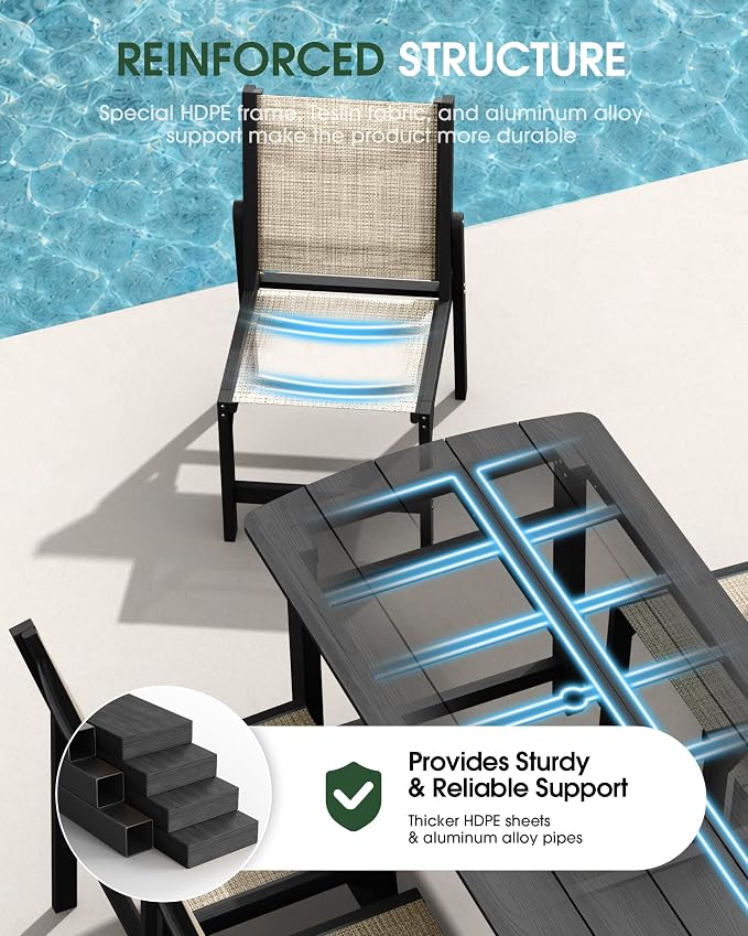 HDPE Outdoor Patio Dining Set with Table & 4 Stackable Armless Textilene Chairs, All-Weather 5-Piece Dining Table Set with Umbrella Hole, Patio Furniture for Garden, Poolside, Backyard, Deck | Black