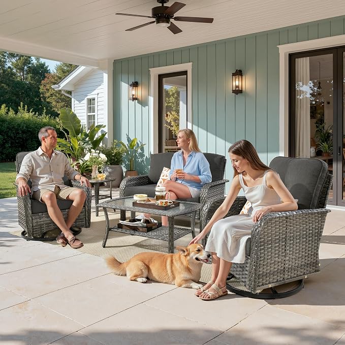 Weaxty Wicker Patio Furniture Set with Swivel Rocker Chairs Outdoor Loveseat Sofa and Rattan Coffee Table, 5 Pieces Outdoor Conversation Sets for Patio Porch Deck Backyard Poolside, Black