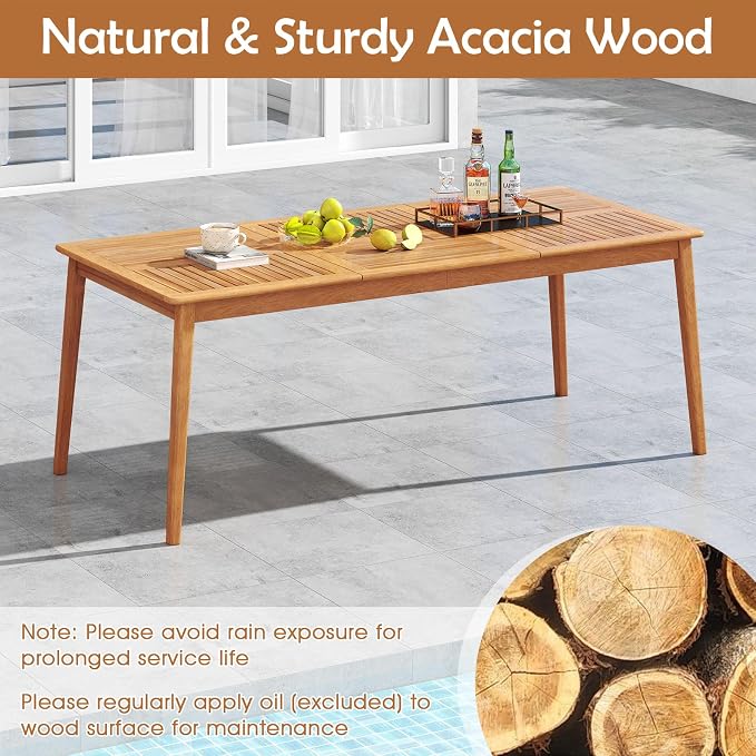 RELAX4LIFE Wooden Outdoor Dining Table for 8, 80" Rectangular Acacia Wood Slatted Patio Table w/Umbrella Hole, Indoor Outdoor Bistro Table for Backyard Porch Garden Deck, 8-Person Patio Dining Table