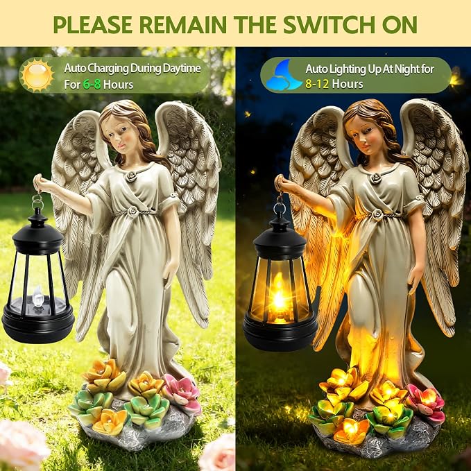 Solar Garden Statue Angel Figurine - 11.8 Inch Fairy Angel Solar Lights Outdoor with Hanging Lantern for Balcony Patio Yard Ornament, Cemetery Grave Decoration, Gifts for Women Mom, Memorial Gifts