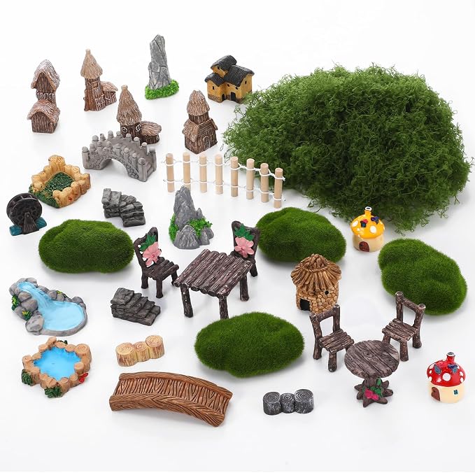 32 Pcs Fairy Garden Accessories Miniature Landscape Ornaments Set | Resin Miniature Garden Decor Set with Woodland Animals Houses, 32 Pcs DIY Terrarium Succulent Plant Ornaments
