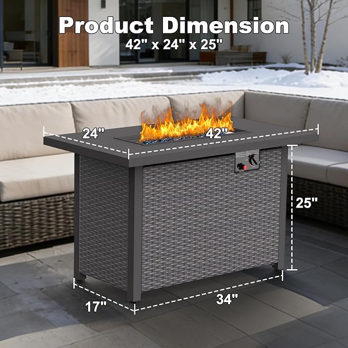 Patio Furniture Set with Fire Pit Table, 8PCS Outdoor Conversation Sets Waterproof Rattan Sectional Sofa with 4” Thickened Cushion Modular Wicker Patio Furniture Set with Glass Top Table (Coffee)