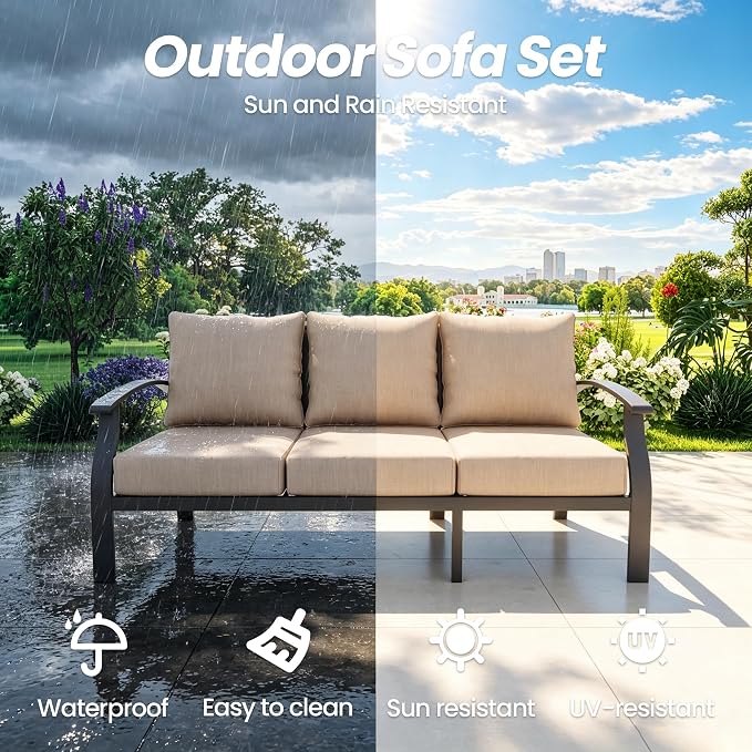 Gotland Metal Outdoor Patio Furniture Set with Coffee Table, 4 Piece Patio Conversation Set with Washable Cushion Covers, Metal Frame Sectional Sofa Furniture Set for Porch, Balcony, Deck, Yard