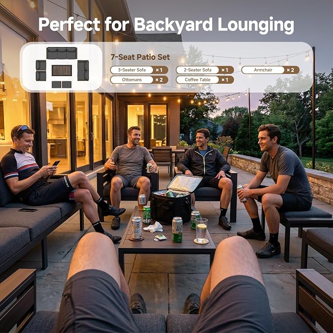 Modern Aluminum Patio Furniture Set with 2 Footstool, 7 Pieces Rustproof Patio Conversation Sets with Thick Cushions & Coffee Table, All Weather Oversized Metal Sectional Sofa for Deck Backyard
