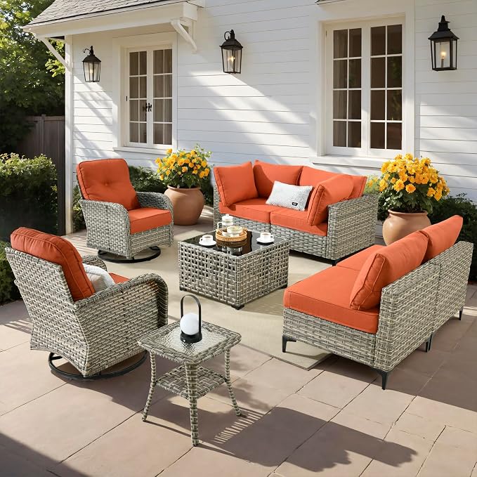 Outdoor Patio Furniture Sets, 8 PCS Patio Conversation Set Outside Rattan Sectional Sofa with Wicker Rocking Chairs Coffee Table Soft Cushion Fit Backyard Porch Garden Poolside Balcony