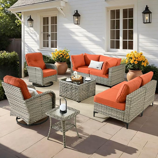 Outdoor Patio Furniture Sets, 8 PCS Patio Conversation Set Outside Rattan Sectional Sofa with Wicker Rocking Chairs Coffee Table Soft Cushion Fit Backyard Porch Garden Poolside Balcony