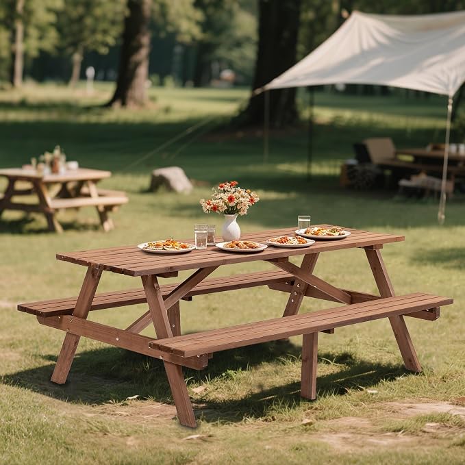 Outdoor Wooden Picnic Table with Benches and Umbrella Hole, Rustic Style Wood Picnic Table Bench Set for 6 or 8 Person for Backyard, Porch, Patio, and Deck, Brown