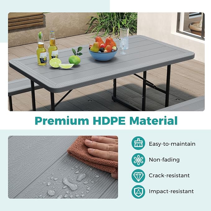 Byroce Outdoor Picnic Table for 4 Person, Rectangular Picnic Camping Table Set with Long Benches, Umbrella Hole & Metal Frame, Heavy Duty HDPE Dining Table Chairs for Patio, Yard & Poolside (Gray)