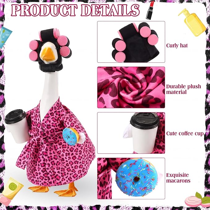 Shyyween Lady Porch Goose Outfit for 23'' Cement Plastic Lawn Goose Statue Clothes Pink Leopard Bathrobe Coffee Cup Curlers for Outdoor Garden Yard Patio Decoration