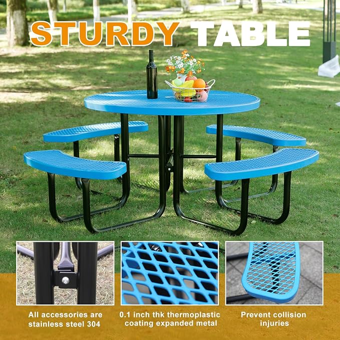 46In Round Outdoor Picnic Table – Heavy-Duty Commercial Steel Table with Thermoplastic Coating, Weatherproof & Rust-Resistant, Perfect for Parks, Patios, Schools & Campgrounds (Blue)