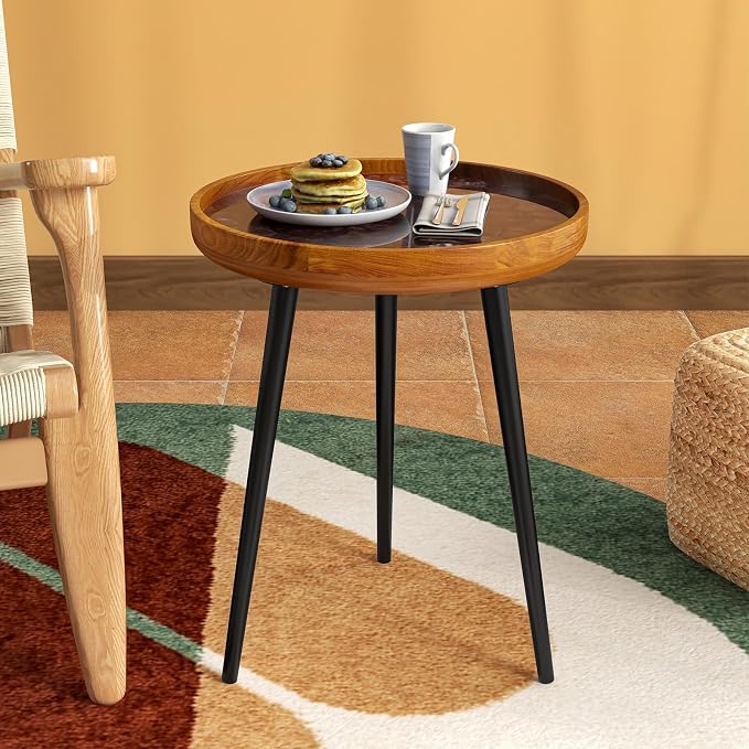 Giantex Outdoor Side Table, Round End Table with Epoxy Resin Finish, Sea Shell Decoration, Mahogany Wood Frame, Tray Top, Patio Side Table for Living Room, Pool, Yard, Porch (Brown, 16” x 16” x 19.5”)