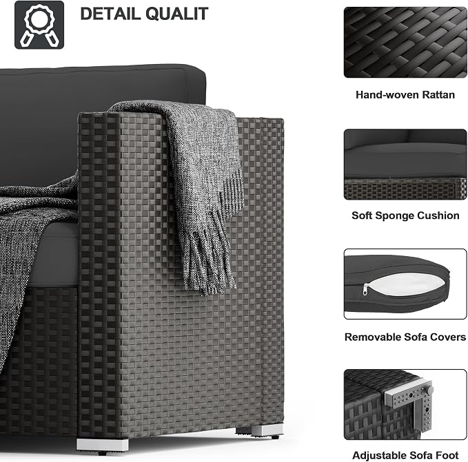 SUNCROWN 7-Piece Outdoor Patio Furniture Sofa Set All-Weather Black Wicker Sectional Conversation Set with Modern Glass Coffee Table and Cushions, Backyard, Garden, Poolside, Grey