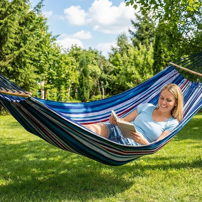 ANYOO Portable Camping Hammock Cotton Hammocks with Spreader Bar Outdoor | Sturdy Hammocks Up to 450lbs with Carry Bag