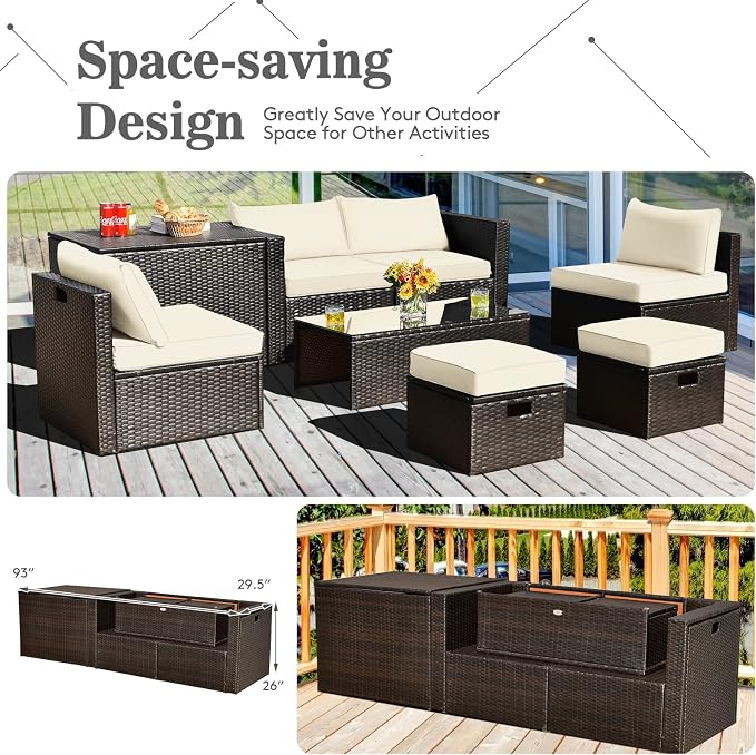 COSTWAY 8-Piece Outdoor Patio Furniture Set, Rattan Sectional Sofa, Armless Chairs, Side Table with Storage Ottoman & Glass Coffee Table, Space-Saving Conversation Set for Garden Deck (White)