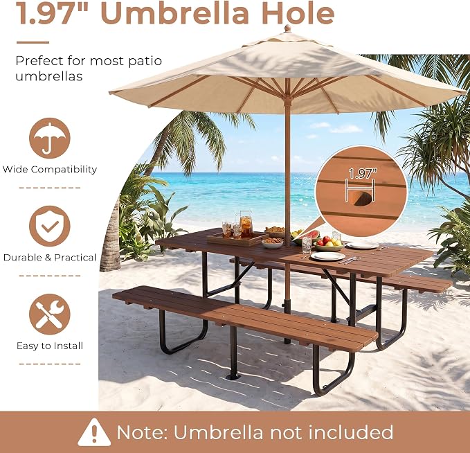 72 Inch Rectangular Outdoor Picnic Table for 6 Person, Heavy Duty Wooden Dining Set with Built-in Benches, 1.97 Inch Umbrella Hole, Waterproof and Corrosion Resistant